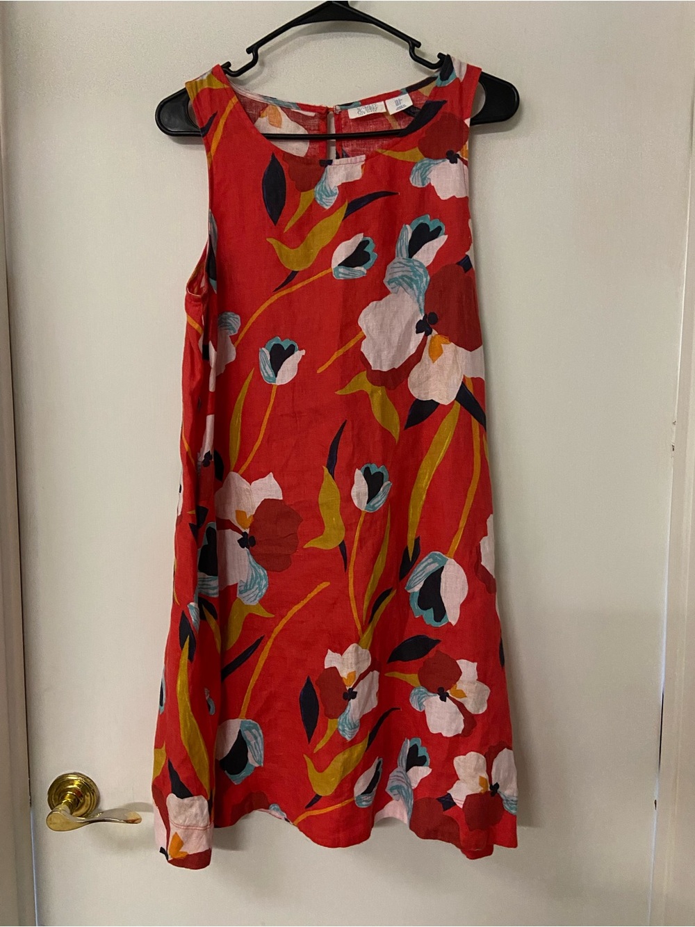 Sigrid Olsen Red Floral Sleeveless 100% Linen Shift Dress W/ Pockets SIZE S